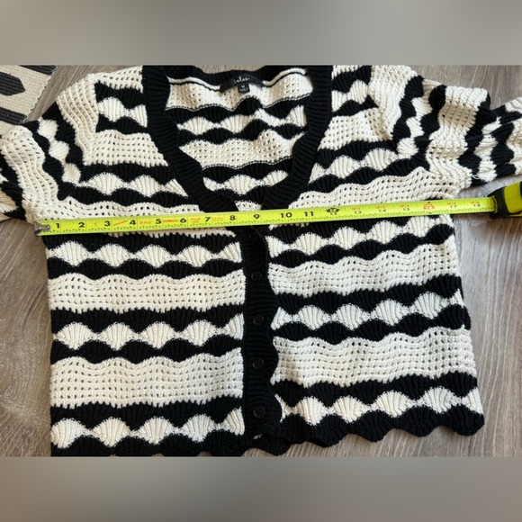 Lulus Stylish Bliss Ivory and Black Striped Crochet Cardigan Medium - Picture 6 of 8